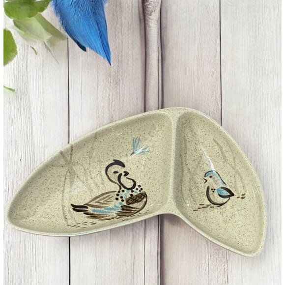 Vintage Red Wing Pottery Divided Ceramic Veggie Bowl Dish Quail Bird Bob White H - Picture 7 of 8